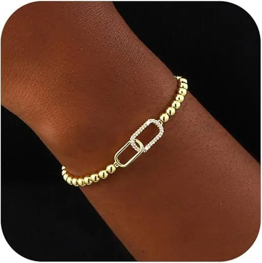 Adjustable stainless steel beaded bracelet with geometric design and round beads in multiple colour styles