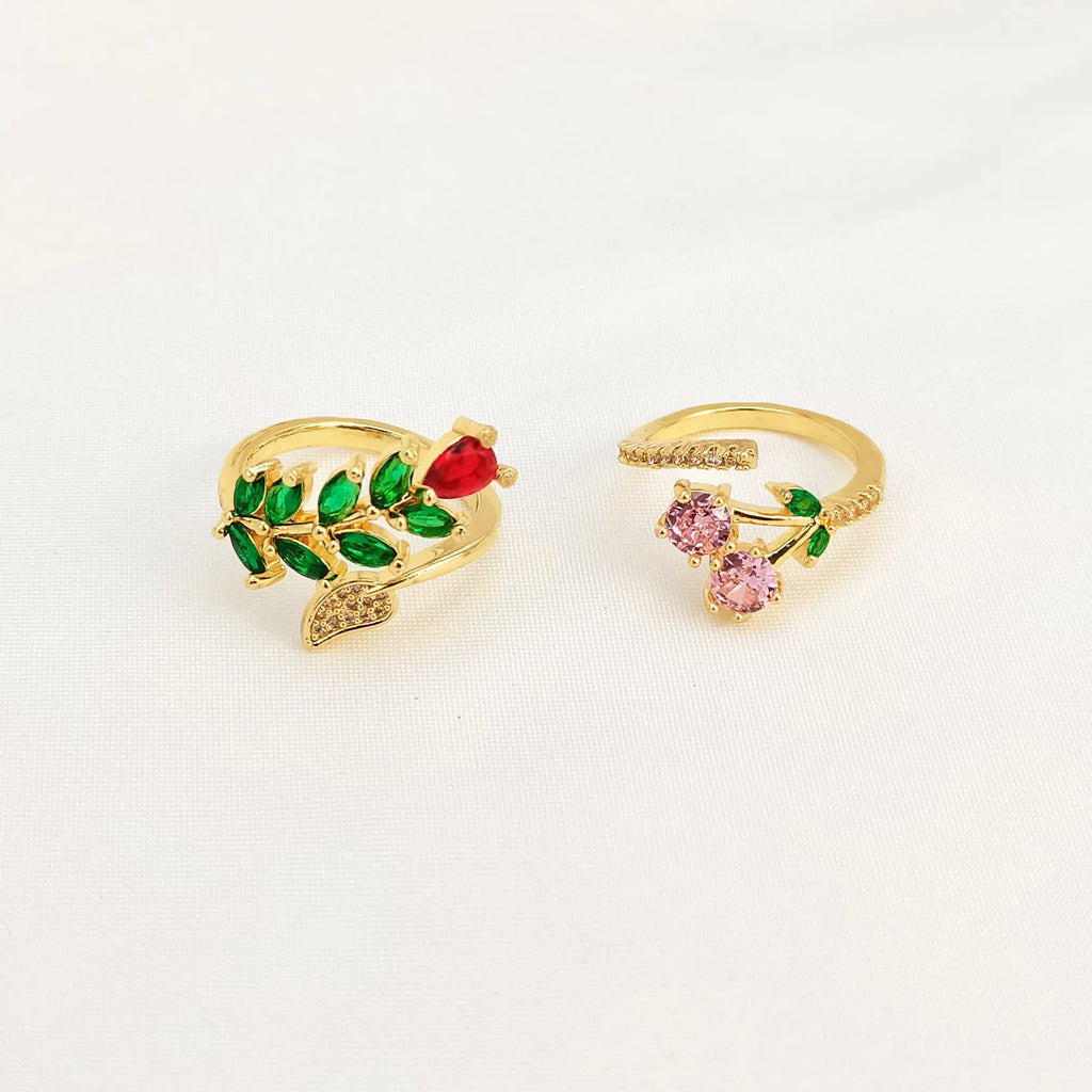 Women's open mouth copper ring with gold plating and zircon micro inlaid leaf geometric design