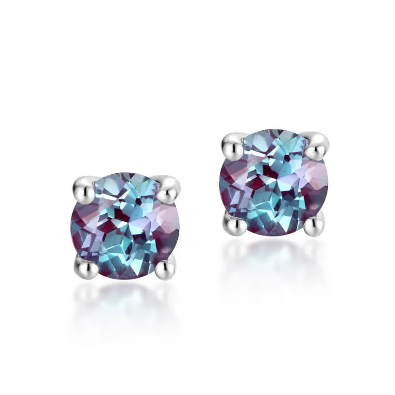 Women's sterling silver ear studs with round geometric Alexander stone in simple fashion style
