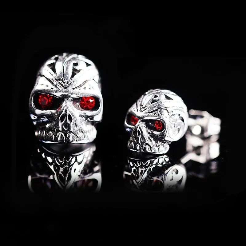 Red eye ghost skull stud earrings with electroplated alloy and artificial gemstone inlay