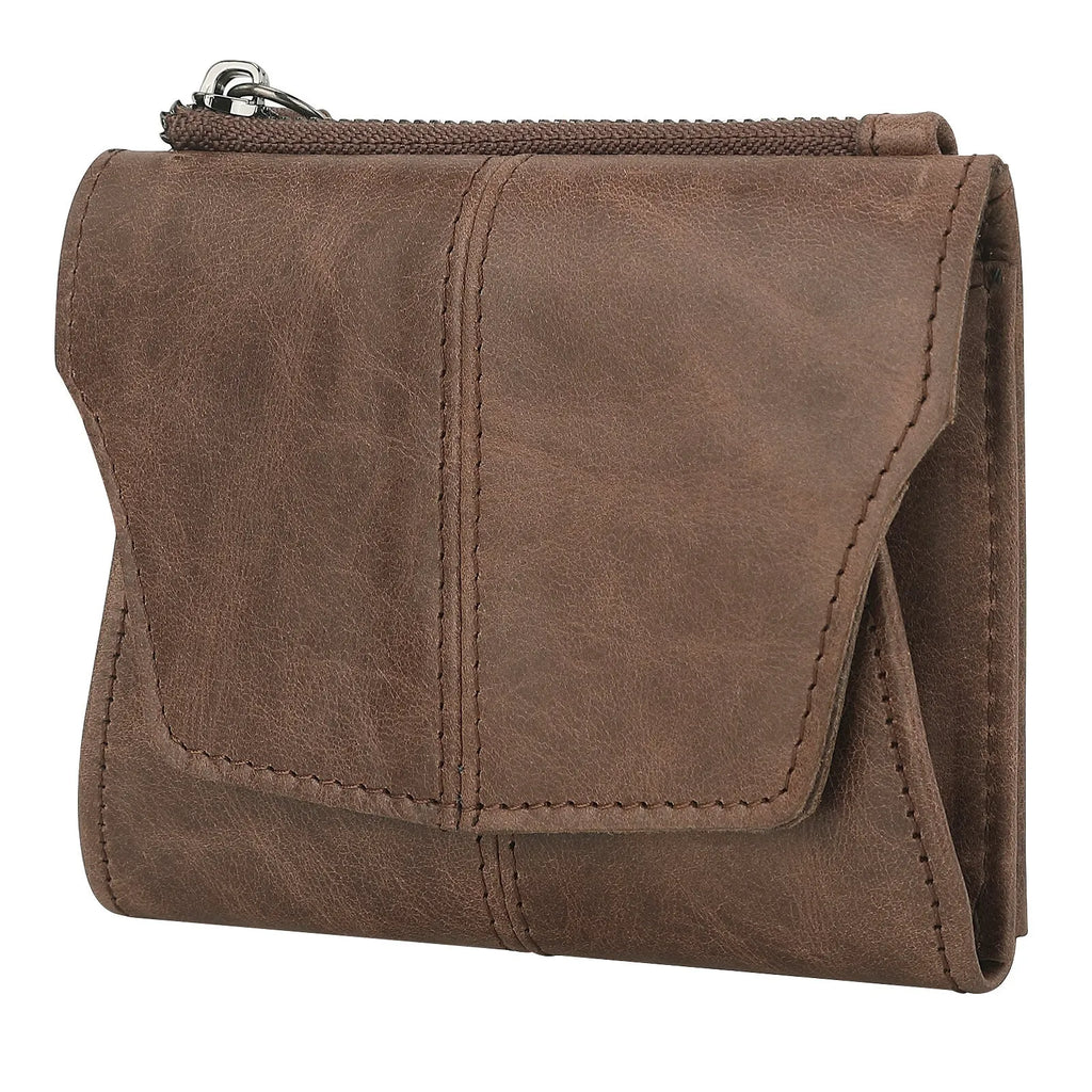 Genuine leather coin purse in retro style with stitching detail and anti-theft function