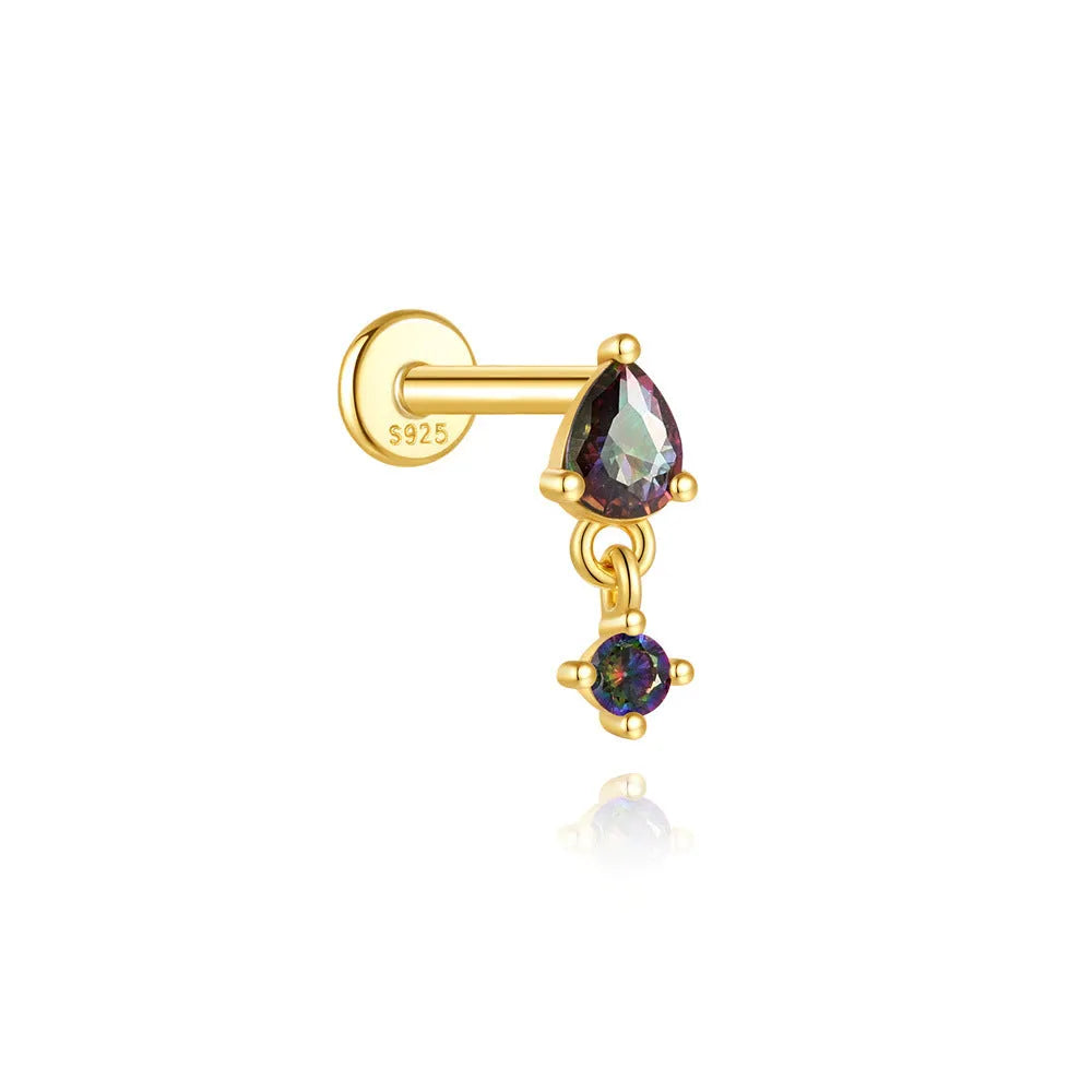 S925 sterling silver flat head earring stud with a super shiny rainbow stone for thread piercings.