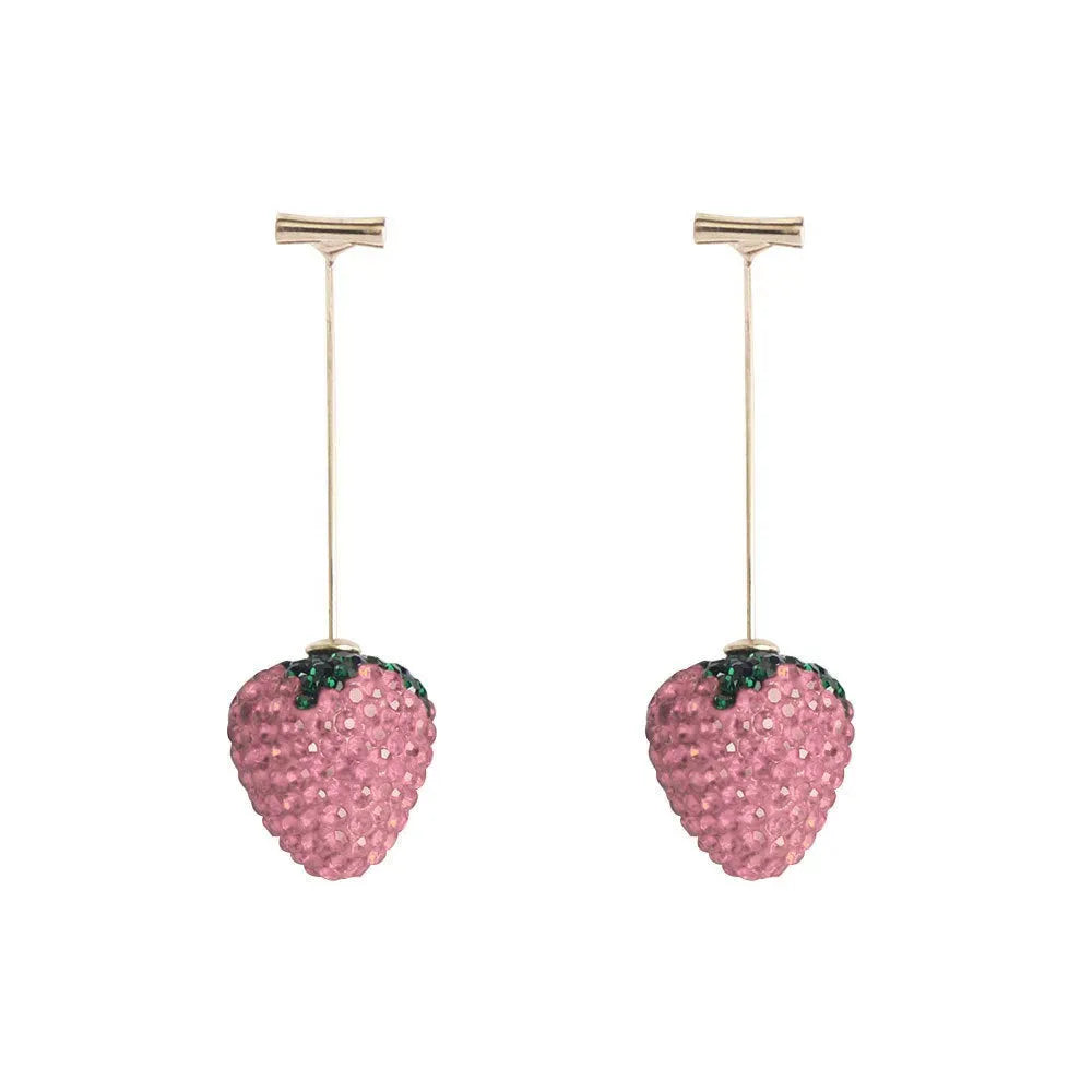 Red geometric strawberry earrings with spot drill detailing on zinc alloy