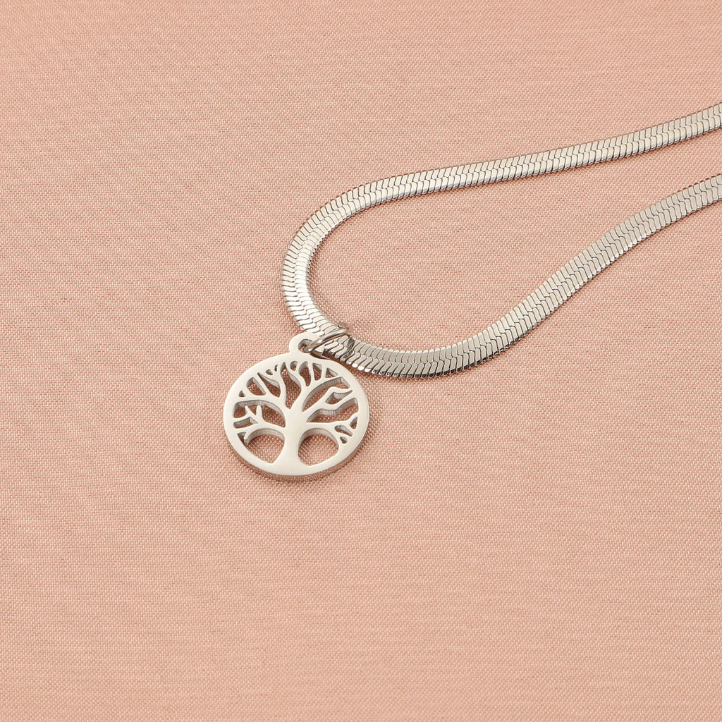Stainless steel lucky tree pendant clavicle necklace with adjustable snake bones chain