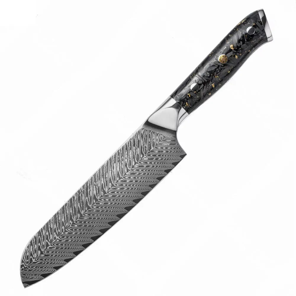 Damascus steel eight-piece kitchen knife set showing fishbone pattern blades and modern handles.