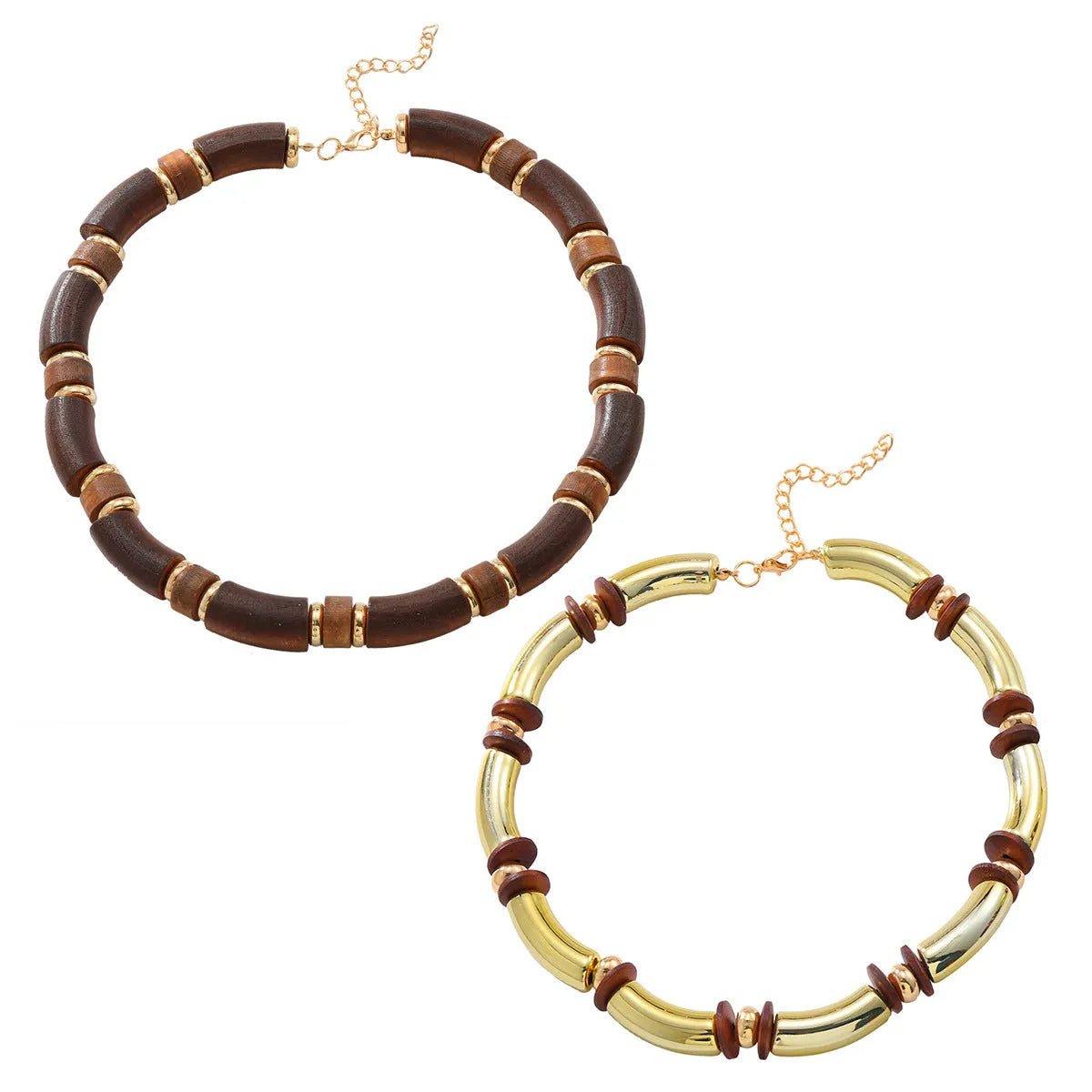 Women's multi-layer wooden necklace and bracelet set with alloy round pendant on regular chain