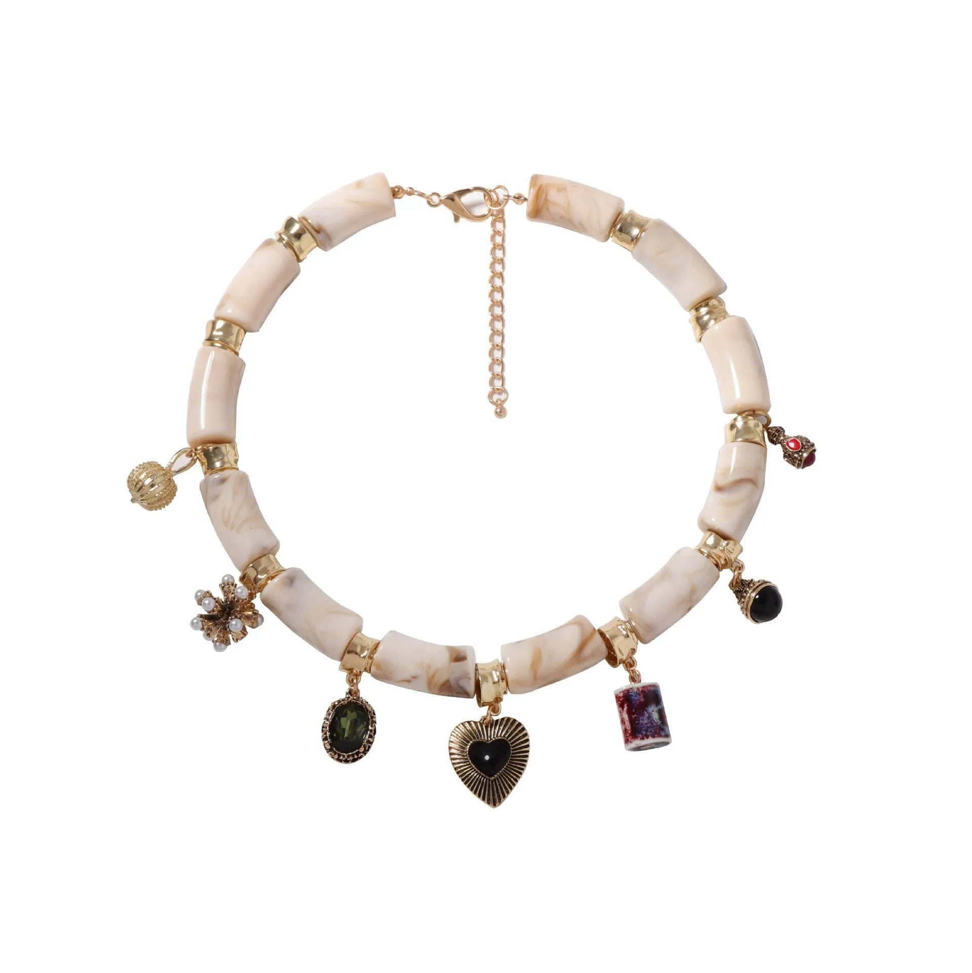 Close-up of a heart-shaped bamboo motif pendant necklace for women on an electroplated chain.