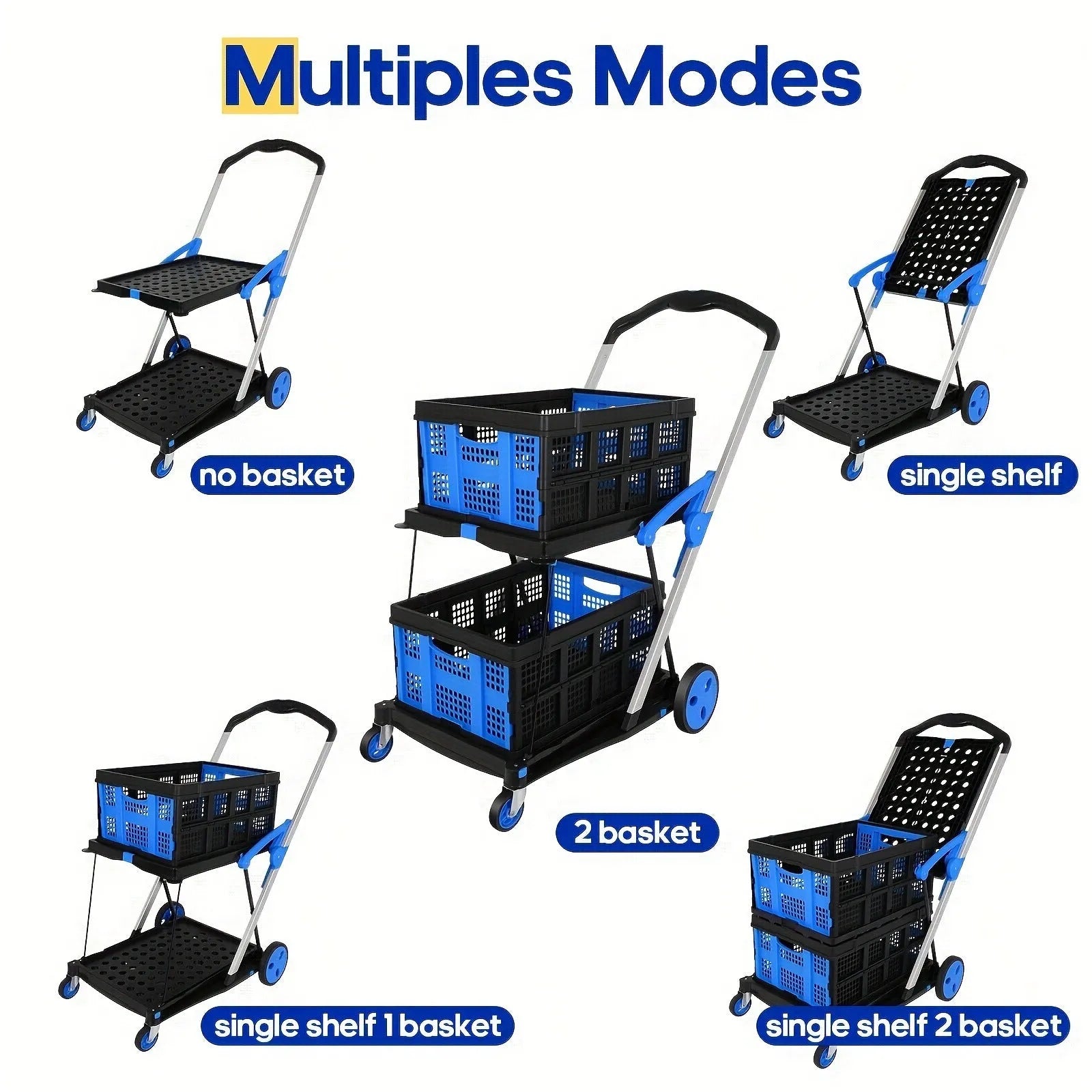Foldable shopping cart with two blue plastic baskets on a wheeled frame.