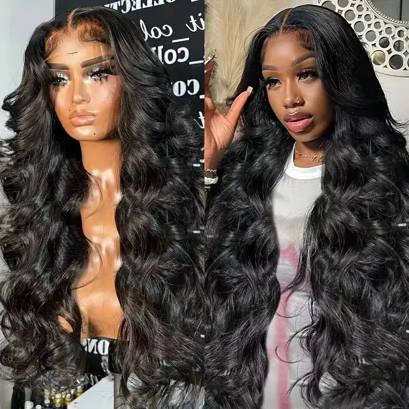 Black synthetic lace front wig with large wavy curls on a wig stand.