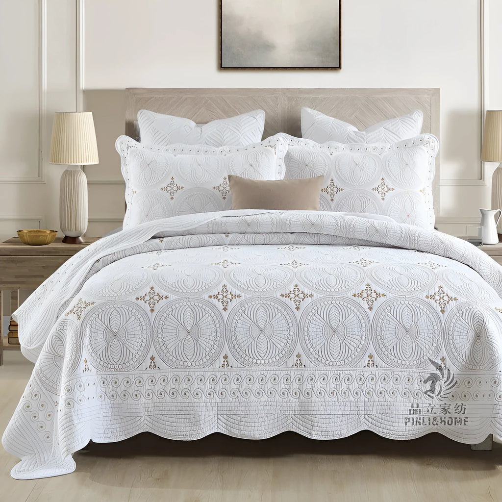 European-style double thick pure cotton bed cover set with embroidery, includes one cover and two pillowcases.