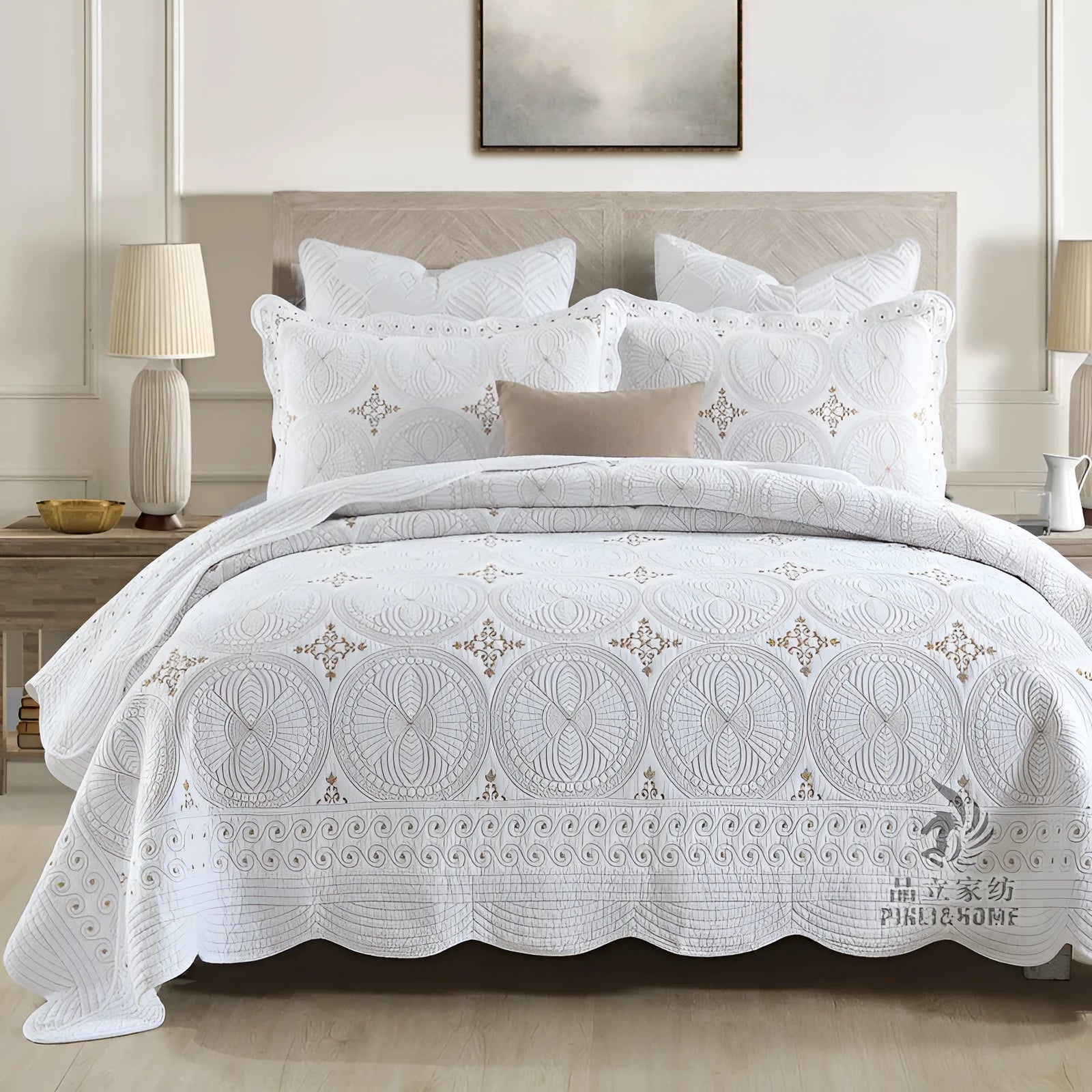 European-style double thick pure cotton bed cover set with embroidery, includes one cover and two pillowcases.