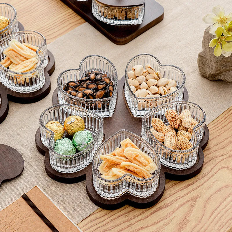 Glass retro style snack plate with heart-shaped transparent lid showing grid compartments inside