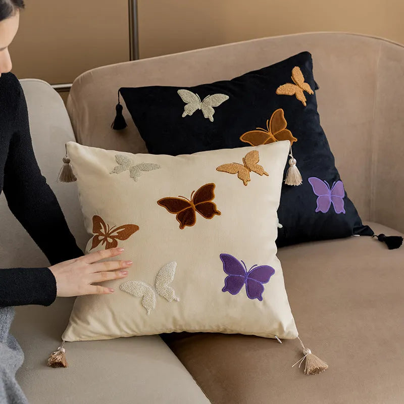 Square butterfly embroidery cushion in Chinese style measuring 45x45 cm in beige, black, or purple