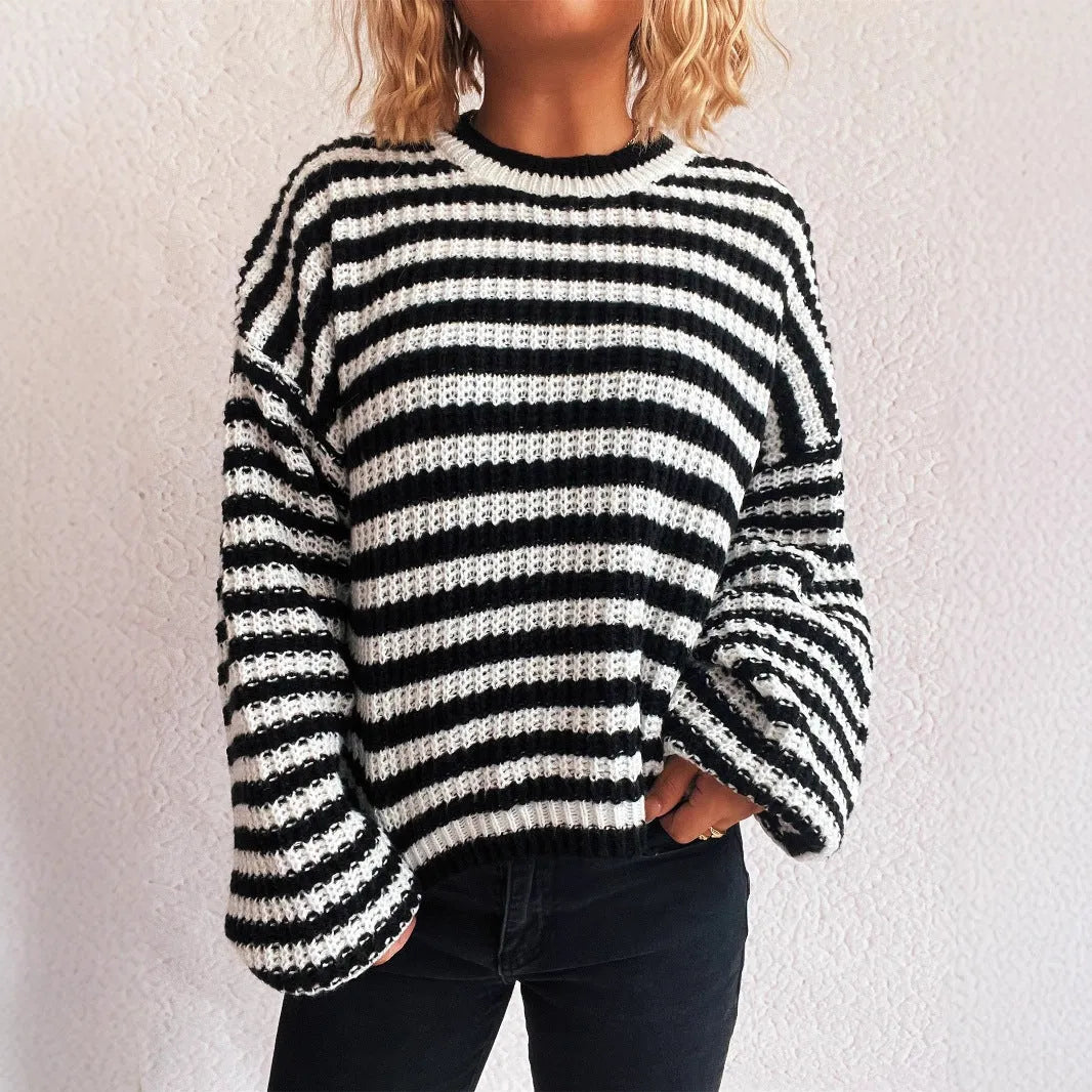 Women's striped loose fit pullover sweater in black, red, khaki, or green