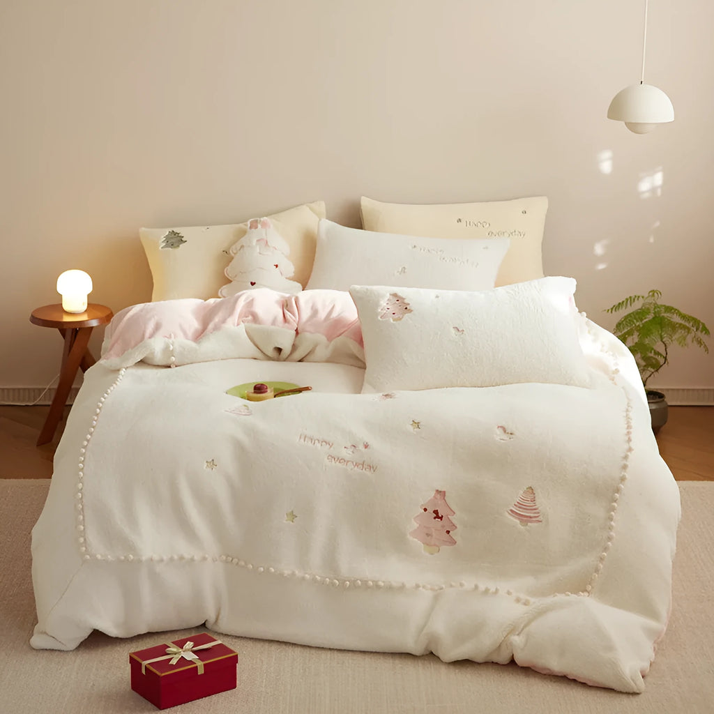 Winter milk fibre four-piece princess bedding set with green or pink Christmas tree reactive print design
