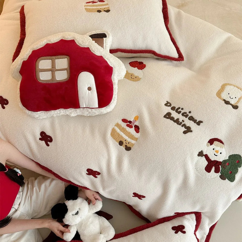 Girl's Christmas cartoon bedding four-piece set with Snow House Milk Pastry pattern on polyester fabric