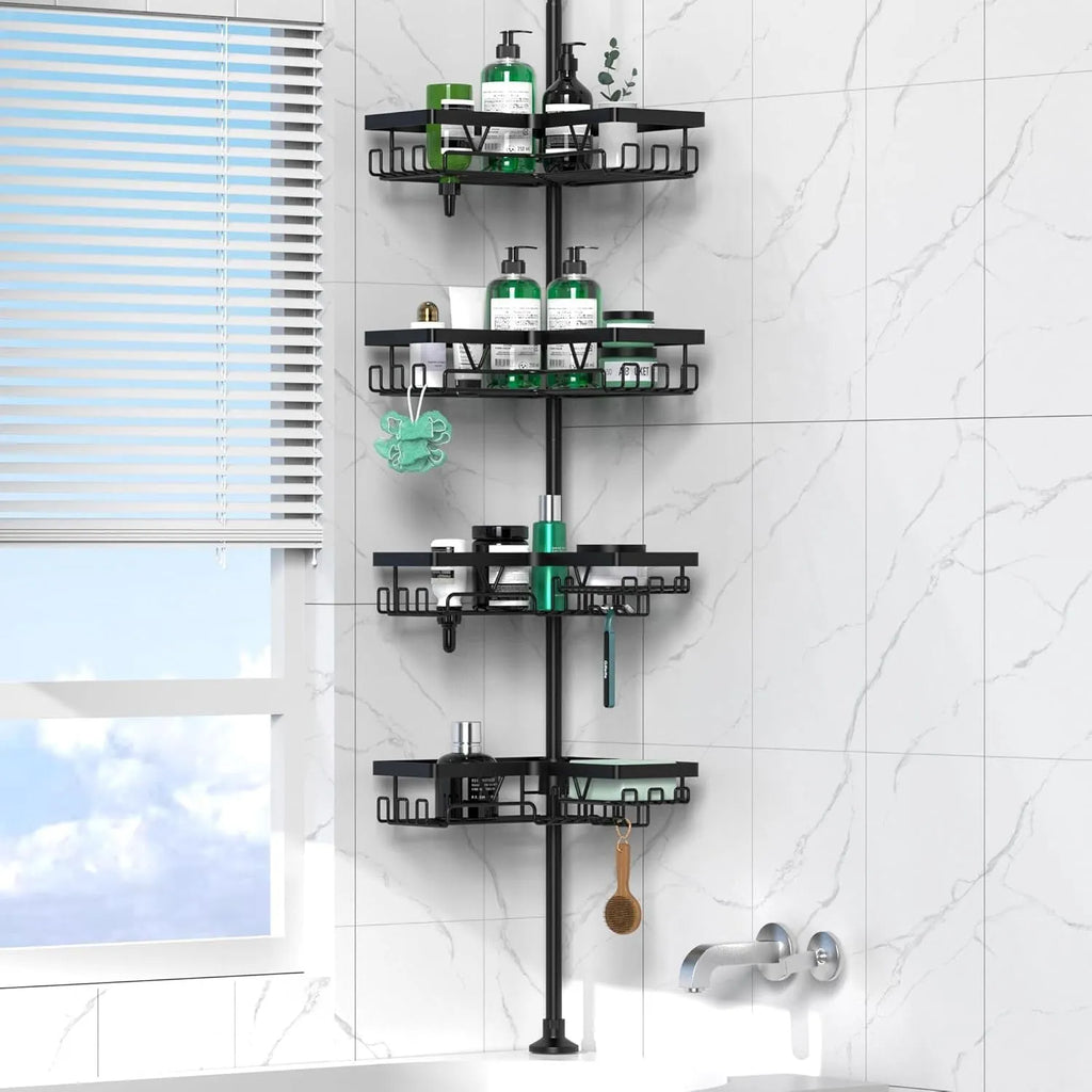 Silver retractable bathroom storage rack with four layers in shower corner
