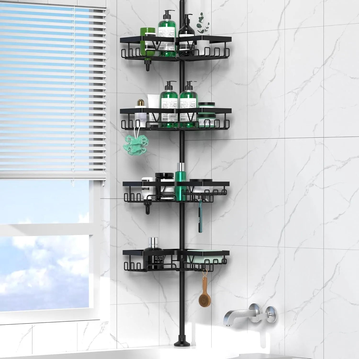 Silver retractable bathroom storage rack with four layers in shower corner