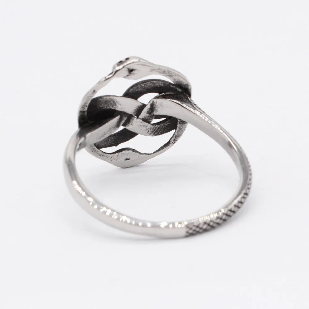 Retro double snake titanium steel ring showing detailed sculptural design on finger