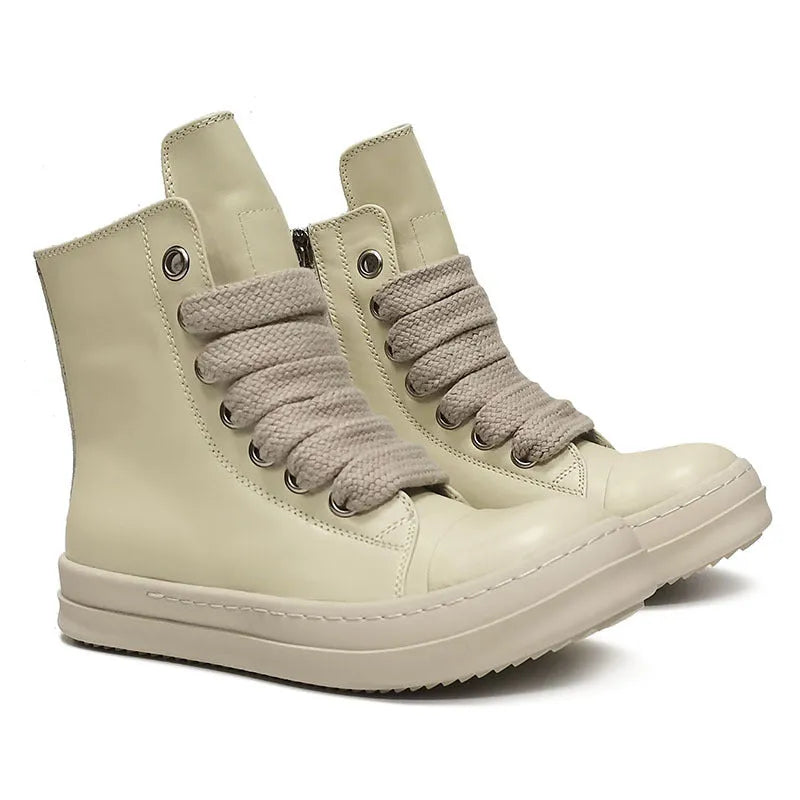 Men's black high-top leather sneakers with a side zip on a white background