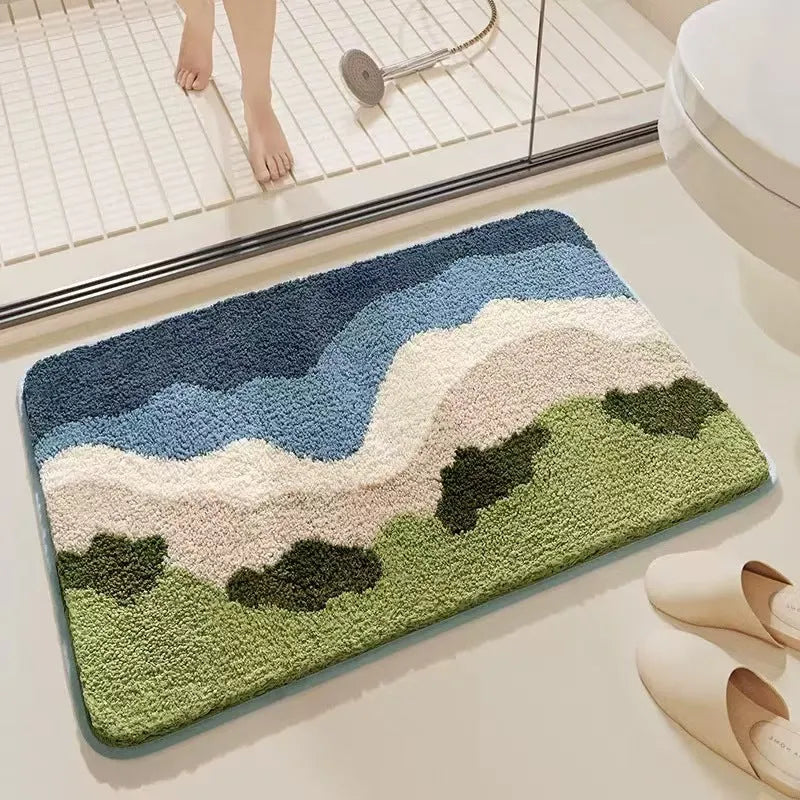 Square cashmere carpet floor mat with plastic bottom in sky sea colour rainbow pattern
