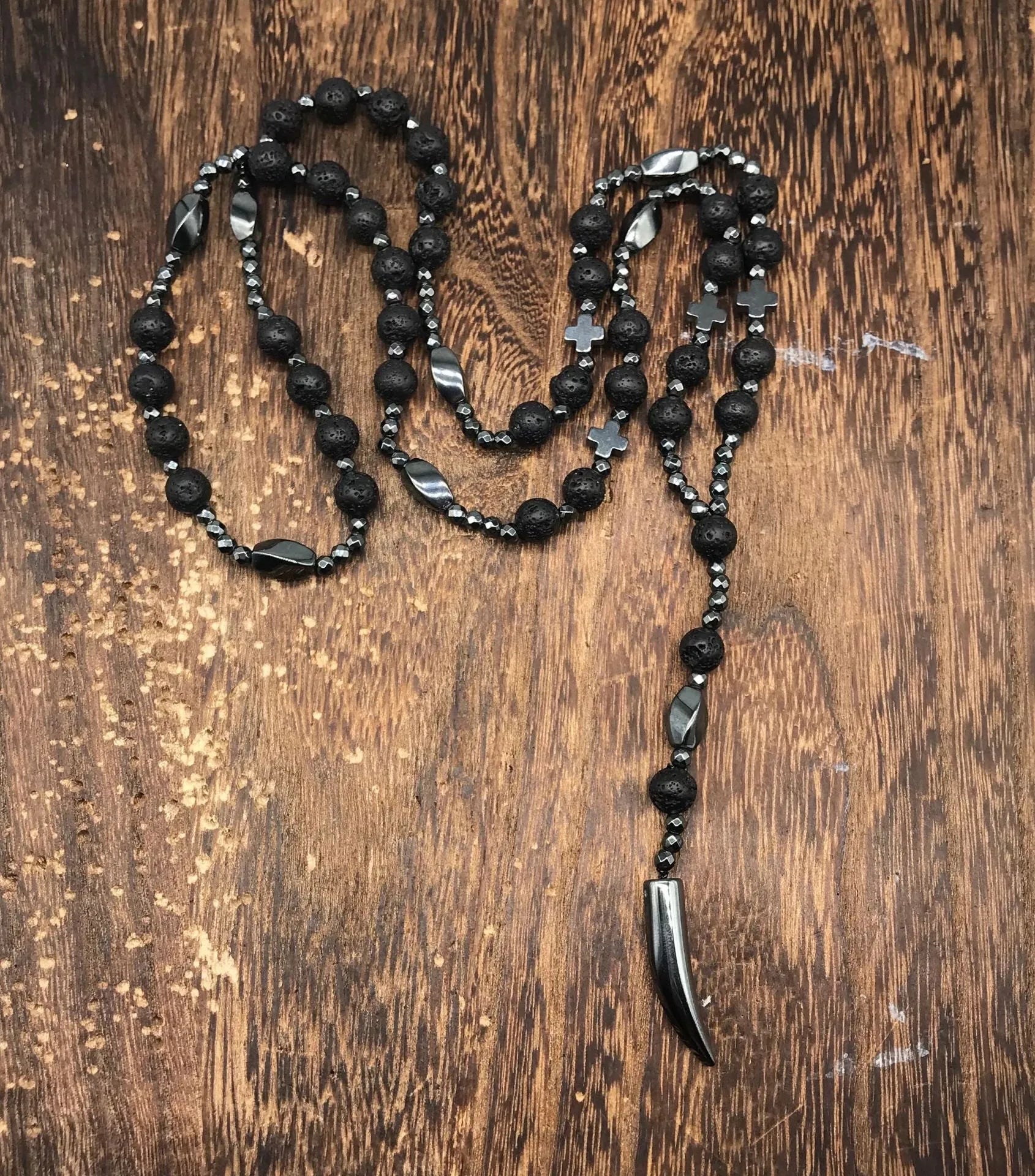 Men's stone cross pendant necklace on an 80cm ball bead chain with a safety lock