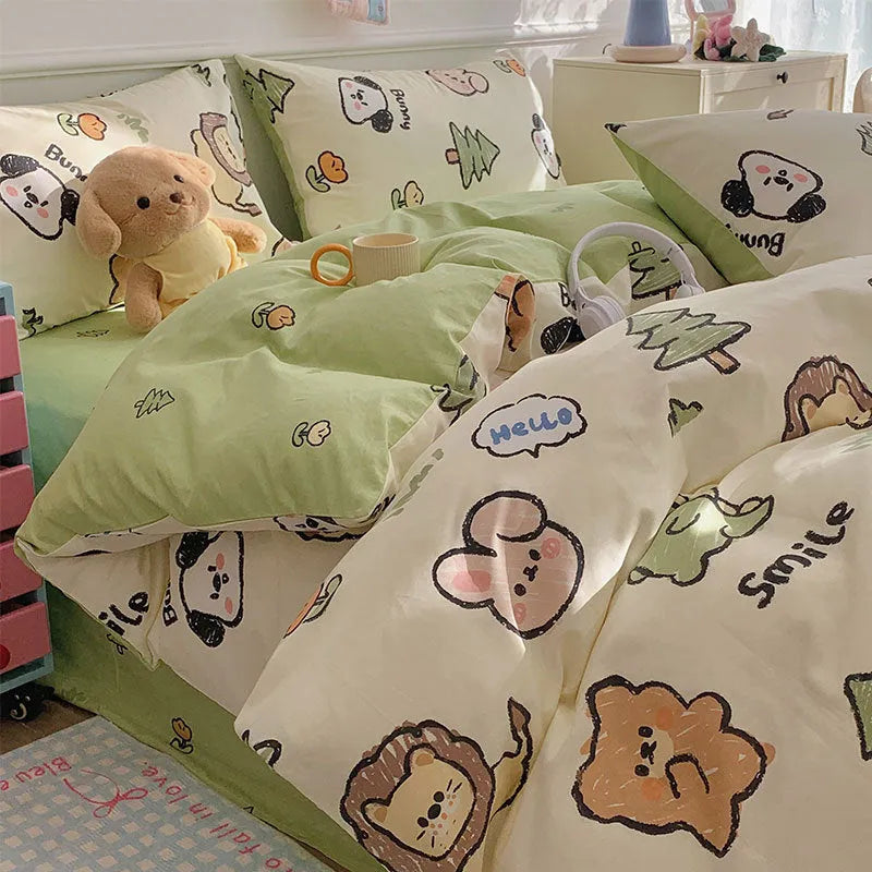 Cartoon dog pattern cotton bedding four-piece set with duvet cover and fitted sheet