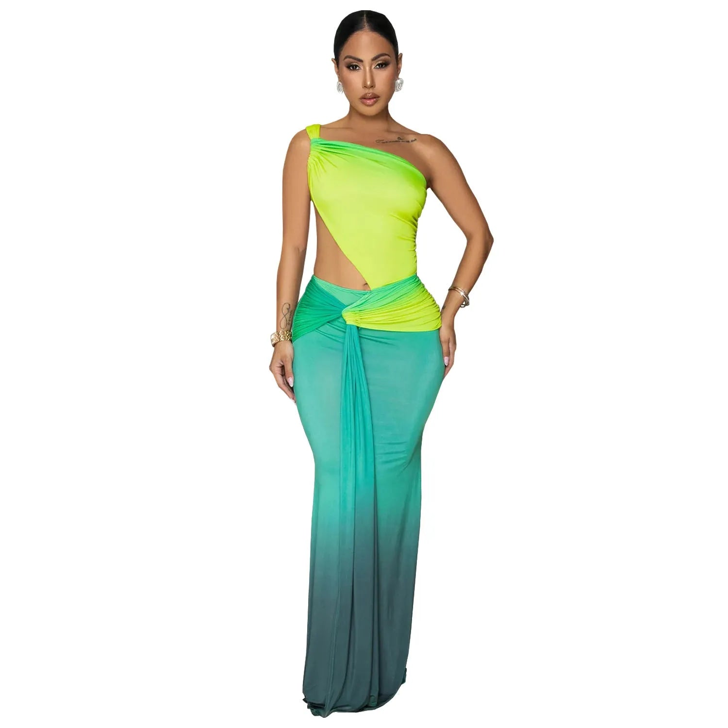 Women's brown gradient sleeveless dress with cross-shoulder design and high waist