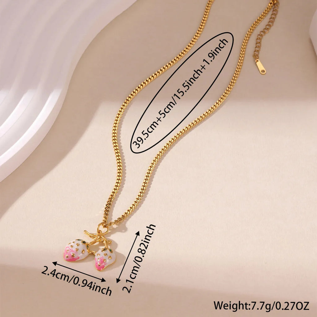 Stainless steel strawberry fruit pendant necklace with white powder gradient finish and red charm