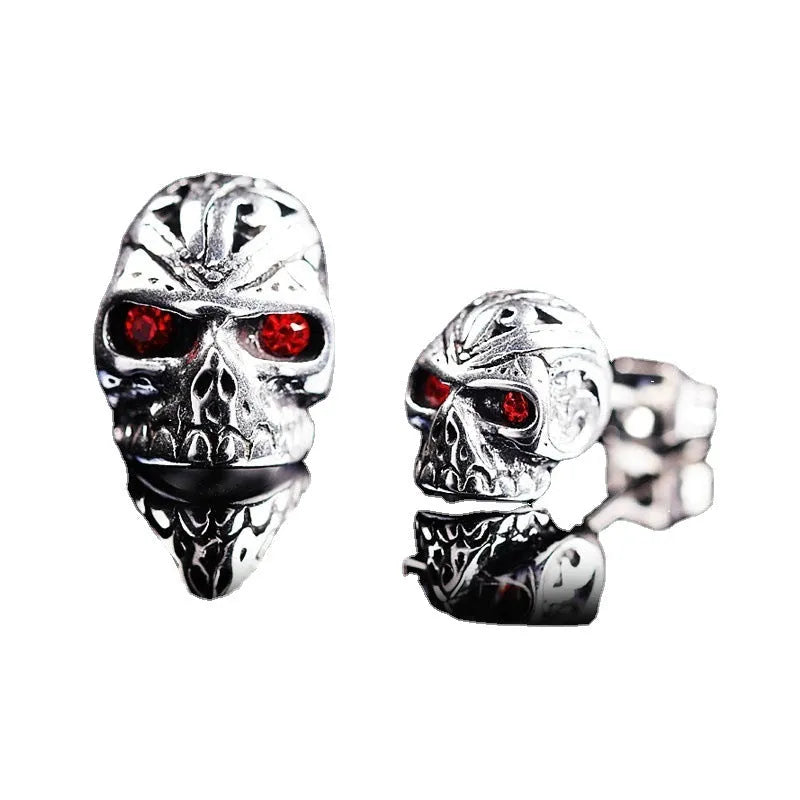 Red eye ghost skull stud earrings with electroplated alloy and artificial gemstone inlay