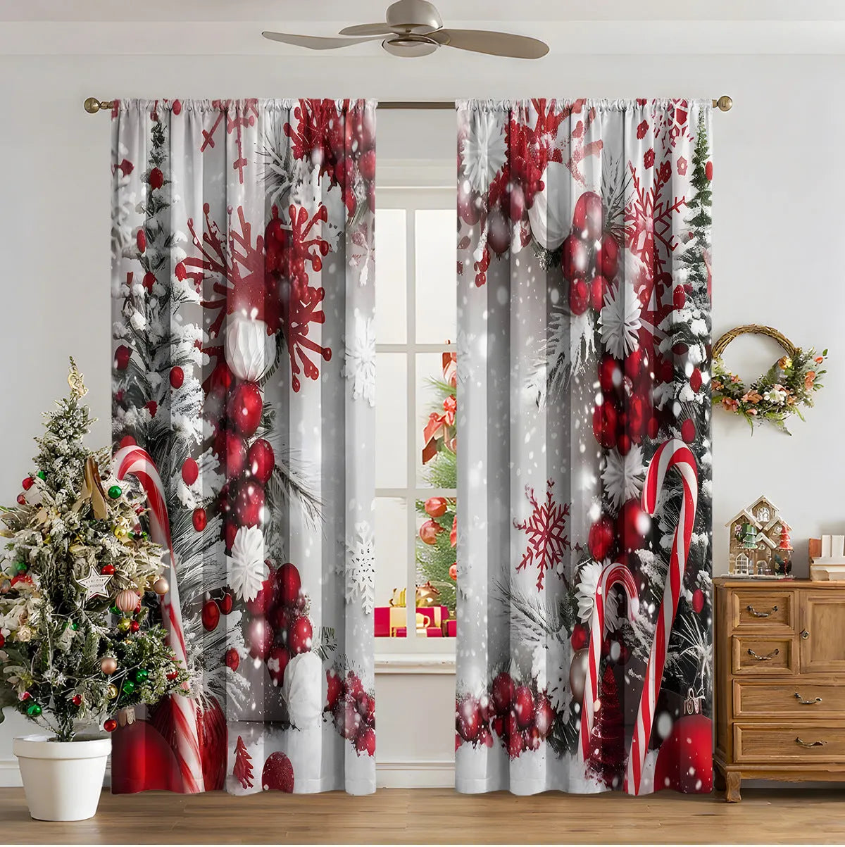 3D digital printed Christmas curtain in a modern European style, showing festive pattern and fabric texture.