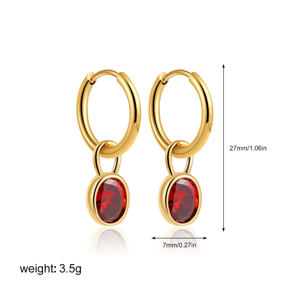 Women's retro oval zircon earrings in copper with ellipse detailing shown in six colour variants