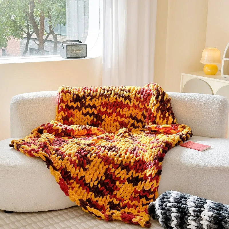 Handmade thick chenille cover blanket with striped pattern in caramel mango colour, size 130x170cm.