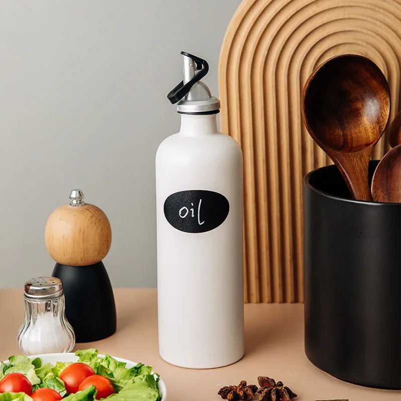 Ceramic kitchen oil pot with sealed lid and funnel in black, white, or coffee colour.