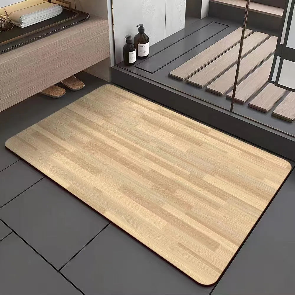 American-style square diatom ooze floor mat with a wood grain geometric pattern, shown in a bathroom setting.