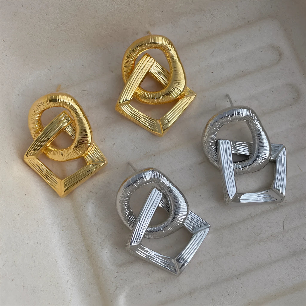 Retro circle pendant earrings in gold or silver electroplated copper with 3.4cm geometric drop design