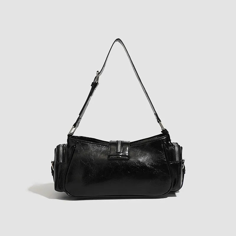 Black retro shoulder handbag with dumpling shape design and multiple compartments