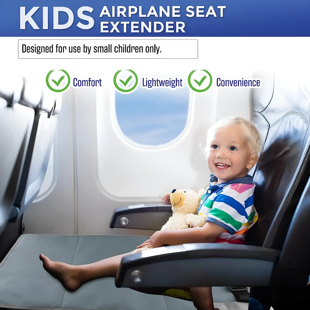 Portable children's aircraft pedal seat extender in blue, black, and grey colours with drawstring storage pocket