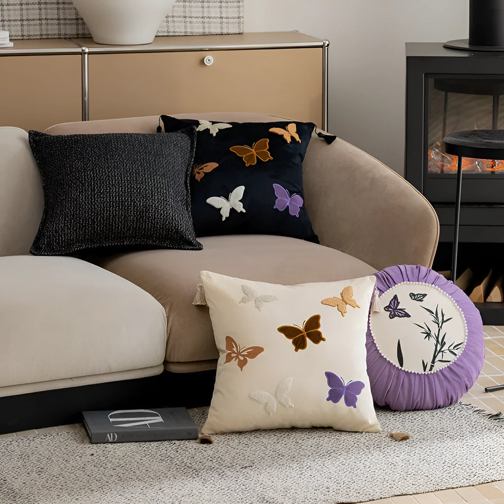 Square butterfly embroidery cushion in Chinese style measuring 45x45 cm in beige, black, or purple