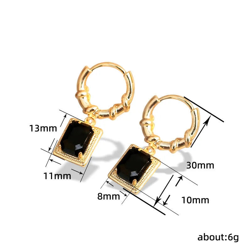 Geometric quadrilateral black zircon copper earrings with French court retro design