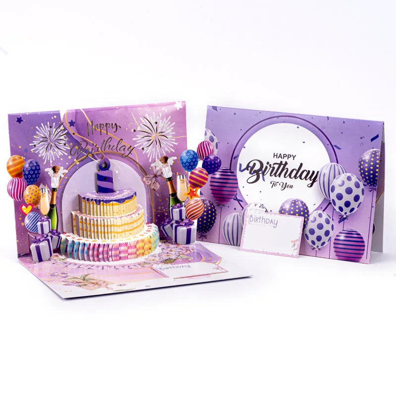 A 3D folded greeting card in Chinese ink style, measuring 15x20 cm, with a light music blowing cake theme.