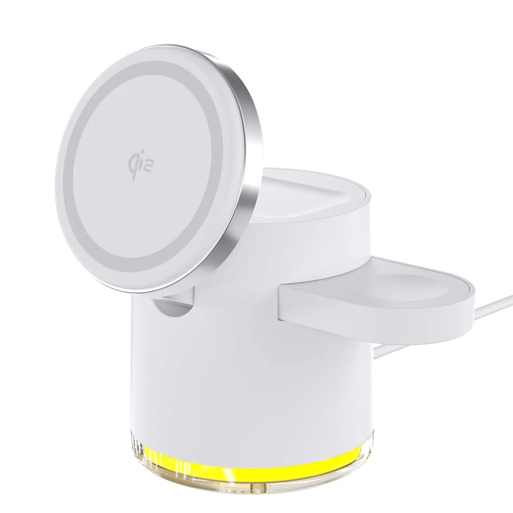 C16 portable magnetic three-in-one wireless folding charger in black or ivory white colour charging phone watch and earbuds