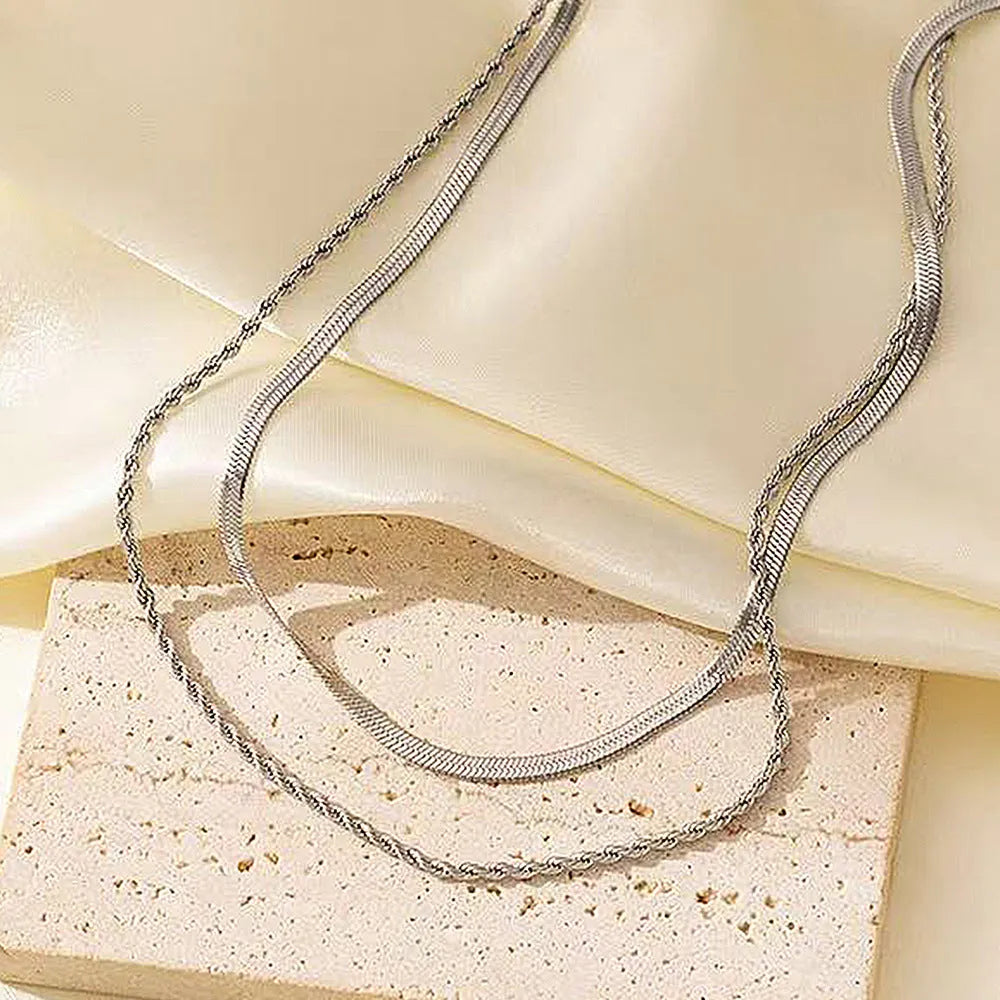 Women's retro double-layer twist necklace with geometric pendant on snake bone chain