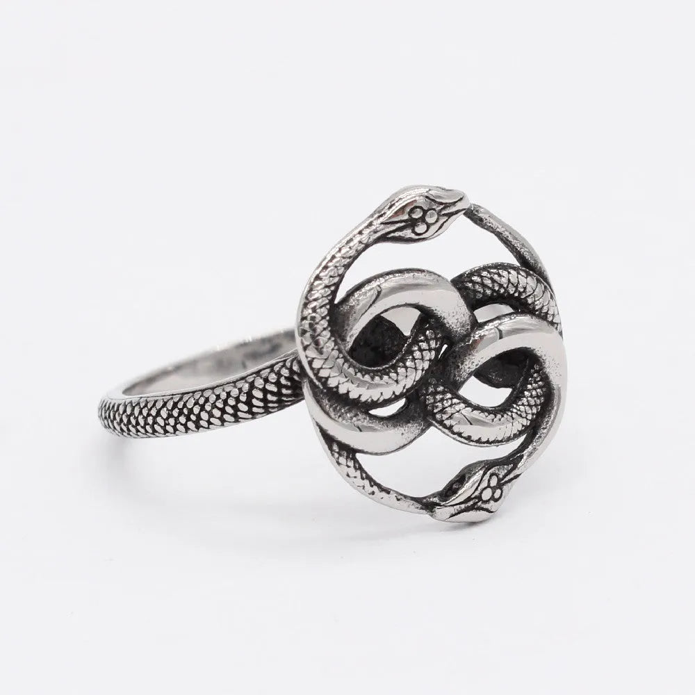Retro double snake titanium steel ring showing detailed sculptural design on finger