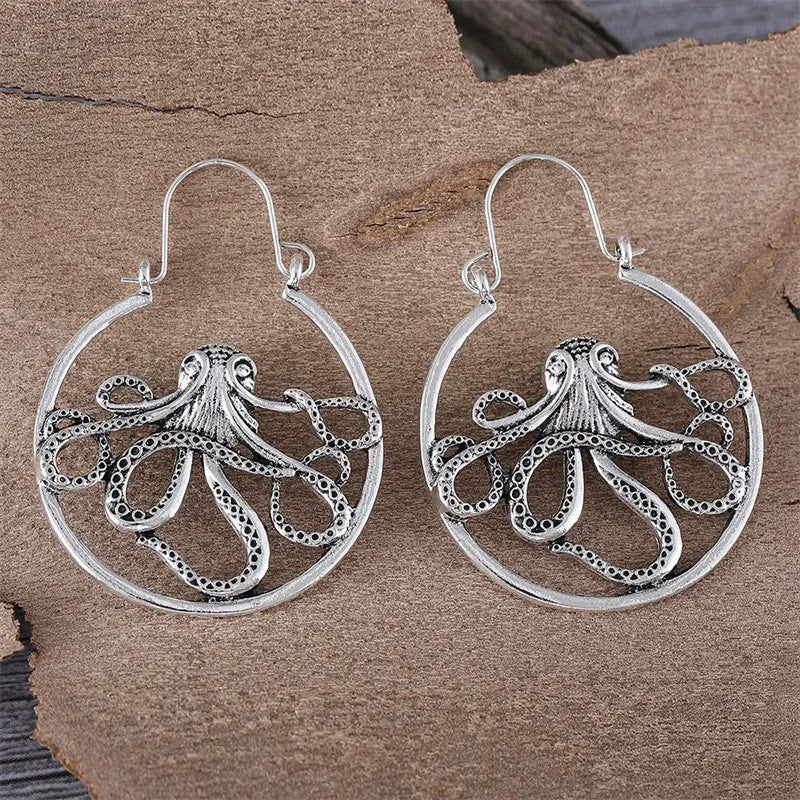 Octopus earrings antique silver finish zinc alloy electroplated retro style
