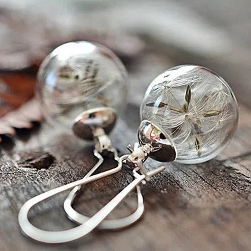 Transparent glass ball earrings with dandelion seed crystal design in silver and bronze finishes