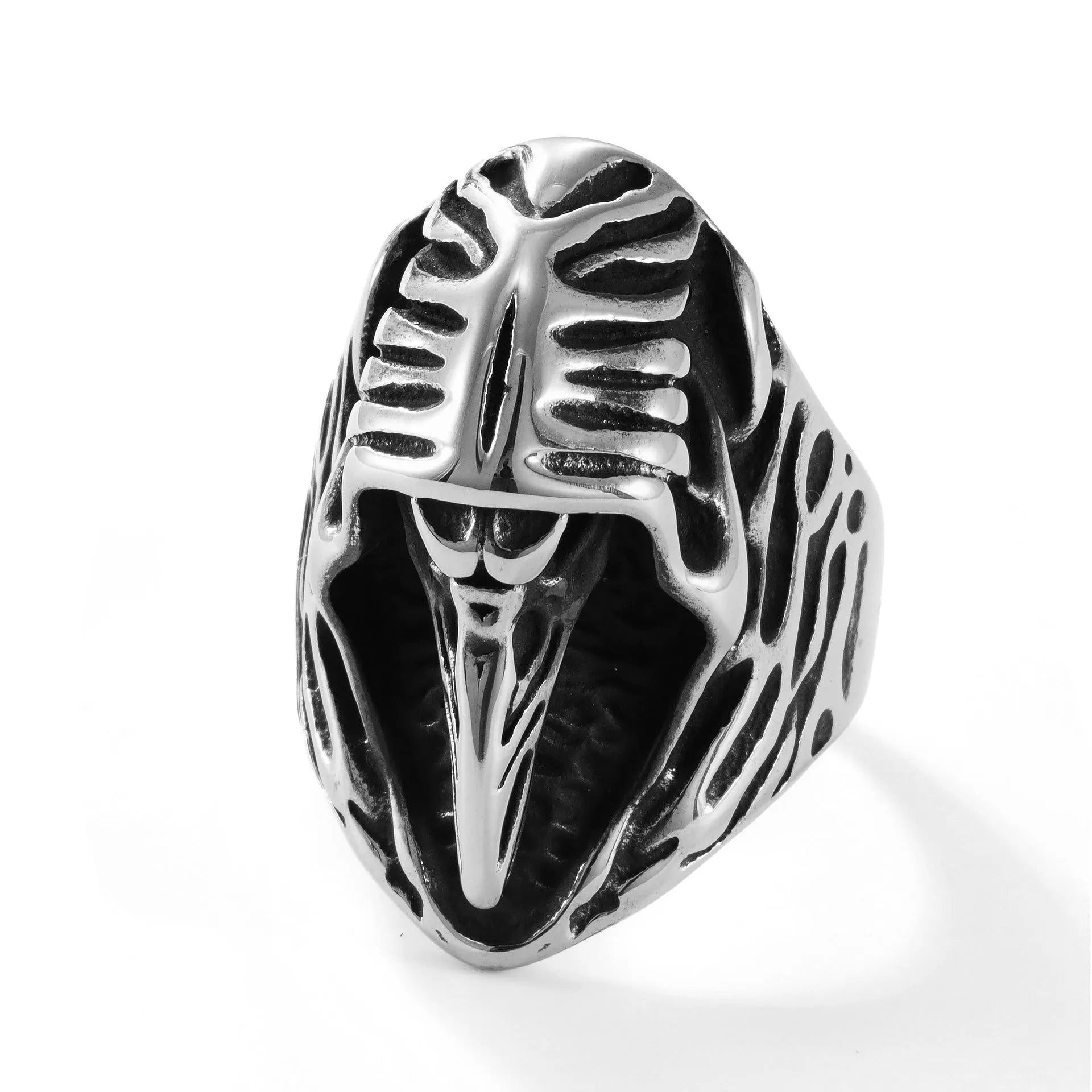 Black geometric crow design stainless steel punk ring on a hand, showing retro animal motif.