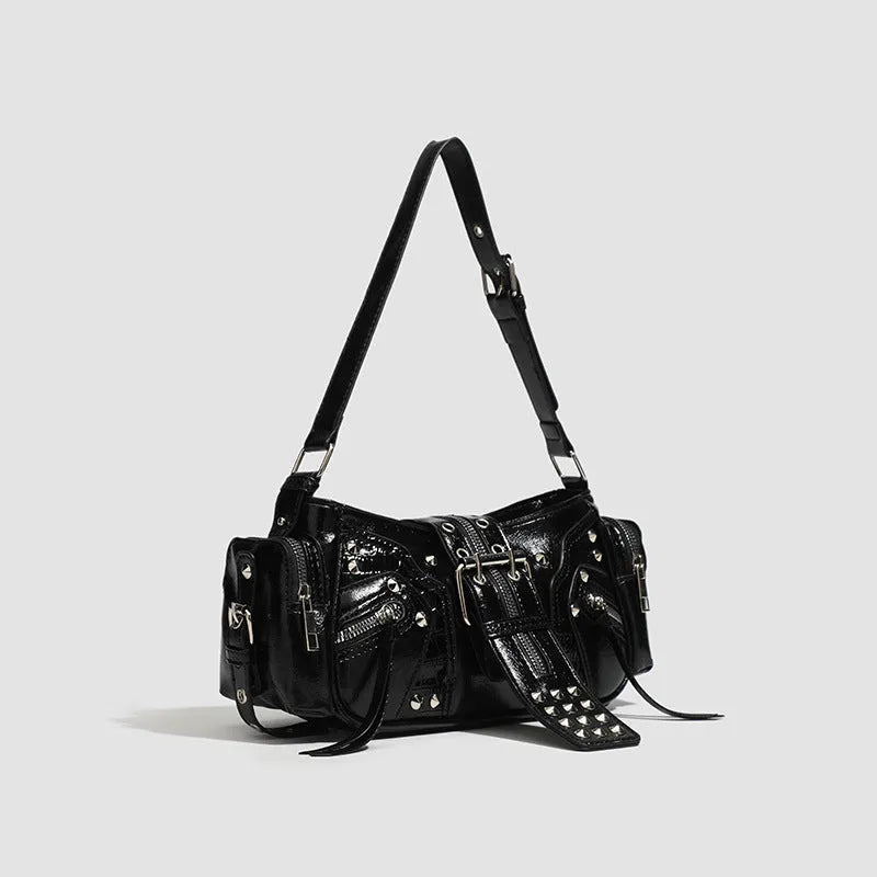 Black retro shoulder handbag with dumpling shape design and multiple compartments