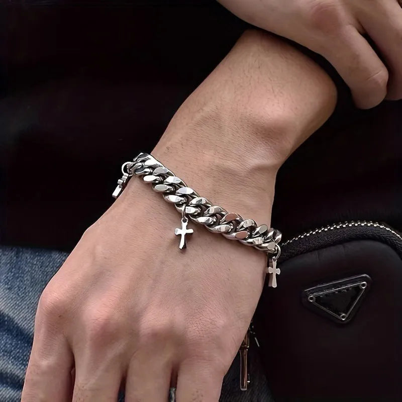 Men's titanium steel cross bracelet with geometric design and cold wind styling