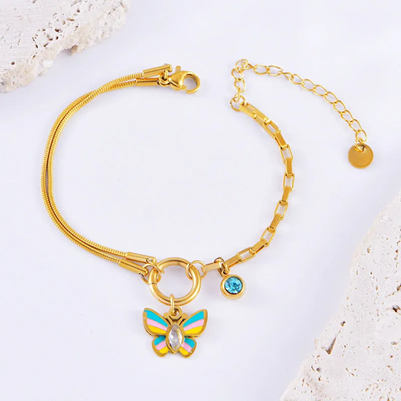 Gold titanium steel butterfly necklace and bracelet set with snake bone chain styling